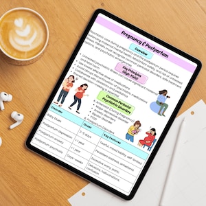 Op de afbeelding: Een digitale tablet toont een medische tabel met de titel "Zwangerschap & Postpartum". De tabel schetst de belangrijkste principes, veel voorkomende perinatale psychiatrische stoornissen en belangrijke kenmerken. Een kopje koffie en draadloze oortelefoons zijn zichtbaar.