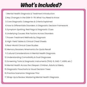 May include: A pink and white graphic with the title "What's Included?" lists 17 topics related to mental health diagnosis and treatment. Topics include diagnostic categories, treatment methods, and clinical case studies.