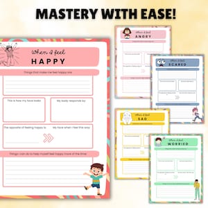 May include: A set of five printable worksheets for children to help them understand and manage their emotions. Each worksheet features a different emotion: happy, angry, sad, scared, and worried. Each worksheet includes prompts for children to draw how their face looks, how their body responds, and things they can do to help themselves feel better.