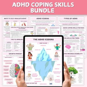 ADHD Coping Skills Bundle | ADHD Worksheet Kids | ADHD for Teens | Teen Mental Health | Psychoeducation | Teen Therapy Worksheets