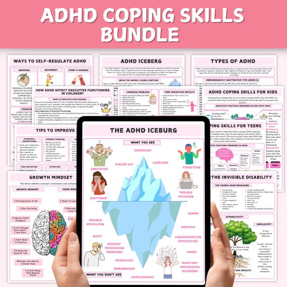 ADHD Coping Skills Bundle | ADHD Worksheet Kids | ADHD for Teens | Teen Mental Health | Psychoeducation | Teen Therapy Worksheets