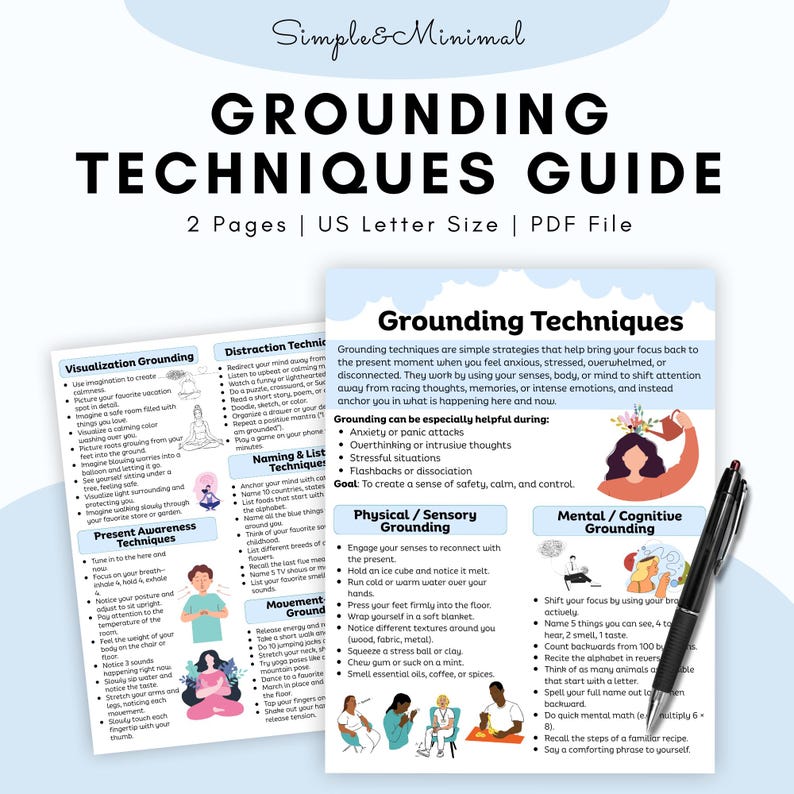 May include: A guide titled "Grounding Techniques" with text and illustrations, including "Visualization Grounding" and "Present Awareness Techniques." A black pen rests on the guide. The guide is US Letter size.