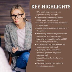 Op de afbeelding: Een vrouw met een bril en blazer zit met een pen en klembord. De afbeelding toont "KEY-HIGHLIGHTS" en opsommingstekens over psychiatrische verpleegkunde, examenvoorbereiding en risicobeoordeling, inclusief DSM-5-TR-uitlijning.