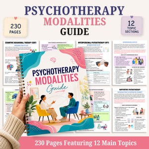 May include: A spiral-bound Psychotherapy Modalities Guide with 230 pages and 12 topic sections. The cover features an illustration of two people sitting in chairs, with the title text in dark blue and pink. Several informational pages are visible behind.