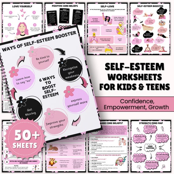 Self Esteem Worksheets For Kids & Teens | Confidence Building Resource | Group Therapy | Core Beliefs | Counseling Worksheet