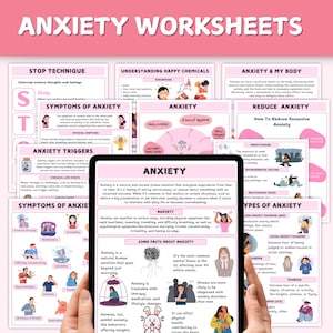 May include: A set of colorful printable worksheets with illustrations and text about anxiety. The worksheets cover topics like understanding anxiety triggers, symptoms, and coping mechanisms. The worksheets are designed to help individuals learn about anxiety and develop strategies for managing it.