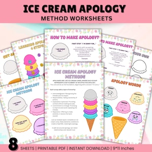 Op de afbeelding: Printbare werkbladen om te leren hoe je je excuses kunt aanbieden. De werkbladen gebruiken een ijshoorn-analogie om de stappen van een oprechte verontschuldiging te illustreren. De werkbladen bevatten zinnen als "Het spijt me voor", "Het was verkeerd omdat", "Hoe kan ik het goedmaken?" en "Ik beloof".