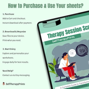 Puede incluir: Imagen de un producto digital con el texto "How to Purchase & Use Your sheets?" e instrucciones. Una tableta muestra "Therapy Session Scripts" y una ilustraci&oacute;n de una persona en una silla. El producto es de SelfTherapyPrints.