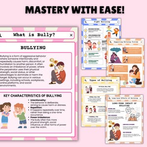 Puede incluir: Un p&oacute;ster ilustrado rosa y blanco con el t&iacute;tulo "&iexcl;Dominio con facilidad!" y el texto "&iquest;Qu&eacute; es el acoso?" El p&oacute;ster explica la definici&oacute;n de acoso y sus caracter&iacute;sticas clave. El p&oacute;ster tambi&eacute;n incluye ilustraciones de ni&ntilde;os y una lupa.
