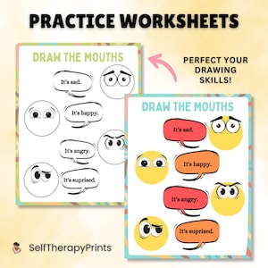 May include: Two printable worksheets with the title "Draw the Mouths". Each worksheet has four cartoon faces with different expressions. The faces have eyes drawn, but the mouths are blank. The text below each face describes the emotion, such as "It's sad." or "It's happy."