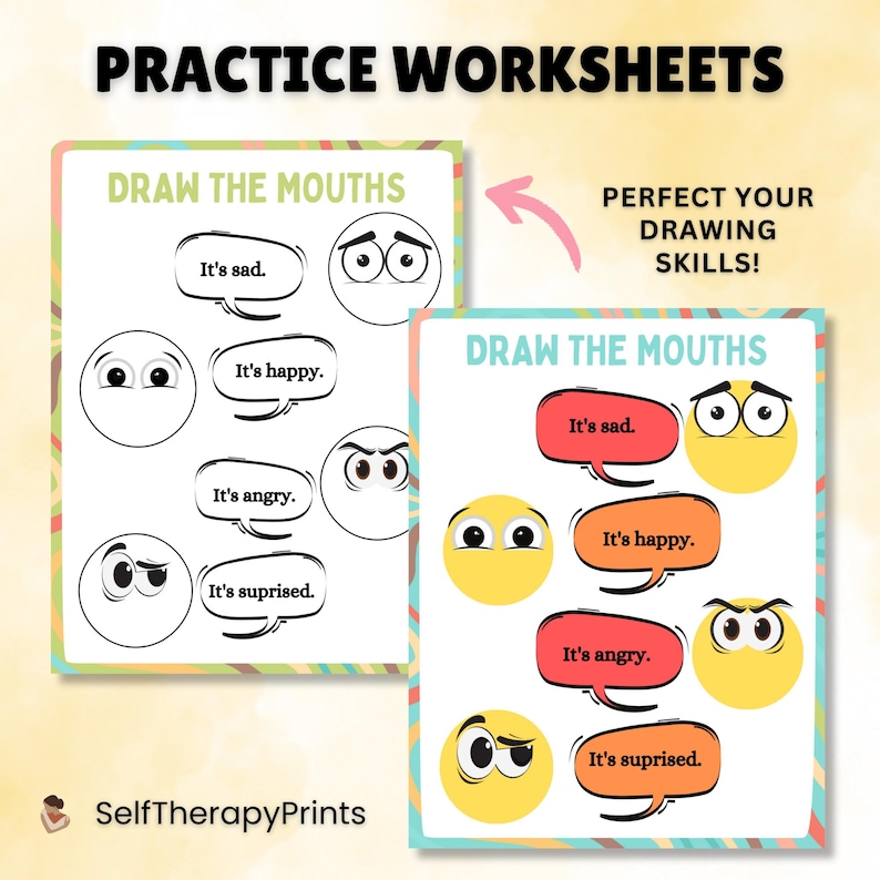 May include: Two printable worksheets with the title "Draw the Mouths". Each worksheet has four cartoon faces with different expressions. The faces have eyes drawn, but the mouths are blank. The text below each face describes the emotion, such as "It's sad." or "It's happy."