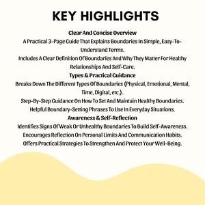 K&ouml;nnte beinhalten: Grafik mit dem Titel "KEY HIGHLIGHTS" und Aufz&auml;hlungspunkten, die einen Leitfaden zu Grenzen beschreiben. Der Text behandelt Themen wie das Setzen von Grenzen, Selbstreflexion und gesunde Beziehungen. Der Hintergrund ist wei&szlig; mit einer gelben, gebogenen Form.