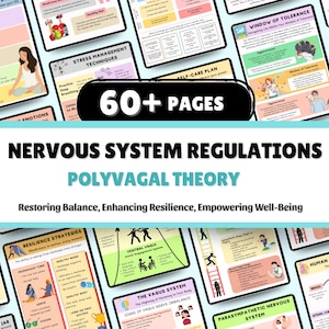 May include: A collection of educational infographics on nervous system regulation and the Polyvagal Theory. The image features colorful pages with text and illustrations, including topics like stress management, self-care, and resilience strategies. The text "60+ PAGES" is prominently displayed.