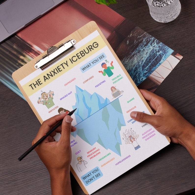 May include: A white clipboard with a blue and light blue iceberg graphic. The graphic shows the different levels of anxiety, with the visible symptoms above the waterline and the less visible symptoms below the waterline. The text on the clipboard reads "The Anxiety Iceburg" and includes the phrases "What You See" and "What You Don't See".