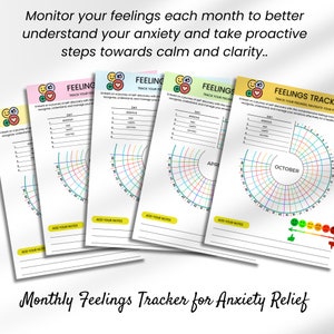 May include: A printable monthly feelings tracker for anxiety relief. The tracker features four colorful circular charts with a scale of 1 to 31 for each day of the month. Each chart has a list of feelings: anxious, sad, happy, and excited. The charts are labeled with the months April and October. The bottom of the page has a section for adding notes.