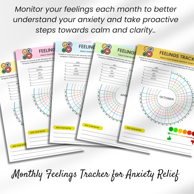 May include: A printable monthly feelings tracker for anxiety relief. The tracker features four colorful circular charts with a scale of 1 to 31 for each day of the month. Each chart has a list of feelings: anxious, sad, happy, and excited. The charts are labeled with the months April and October. The bottom of the page has a section for adding notes.