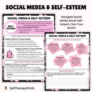 May include: A pink and black infographic titled "Social Media & Self-Esteem" with text about self-esteem, social media effects, and healthy use strategies. Includes a survey and reflection activity.