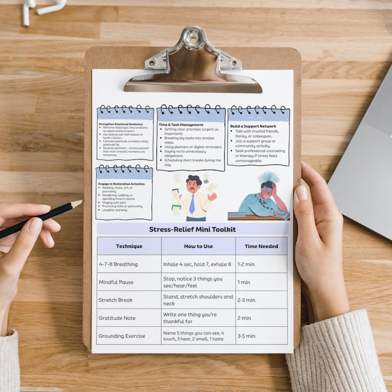 May include: A clipboard with a "Stress-Relief Mini Toolkit" guide. The guide includes techniques like breathing exercises and mindful pauses, with illustrations and text. The clipboard is held by a person.