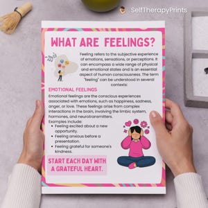 May include: Pink and white printable poster with the title "What are Feelings?" and the text "Feeling refers to the subjective experience of emotions, sensations, or perceptions. It can encompass a wide range of physical and emotional states and is an essential aspect of human consciousness. The term "feeling" can be understood in several contexts:"  The poster also includes the text "Emotional Feelings" and "Start each day with a grateful heart."