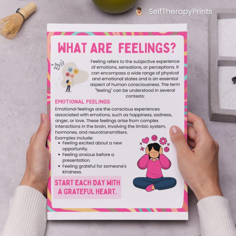 May include: Pink and white printable poster with the title "What are Feelings?" and the text "Feeling refers to the subjective experience of emotions, sensations, or perceptions. It can encompass a wide range of physical and emotional states and is an essential aspect of human consciousness. The term "feeling" can be understood in several contexts:"  The poster also includes the text "Emotional Feelings" and "Start each day with a grateful heart."