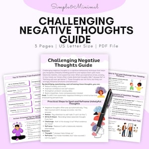 May include: A guide titled "Challenging Negative Thoughts" with a black pen, designed to help identify and reframe unhelpful thinking patterns. The guide includes practical steps, examples, and tips for building solutions.
