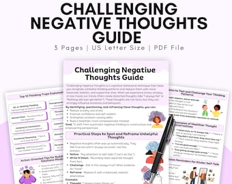 Challenging Negative Thoughts Guide | CBT Worksheet | Cognitive Distortions | Mental Health Therapy Worksheet | Anxiety & Stress Relief PDF