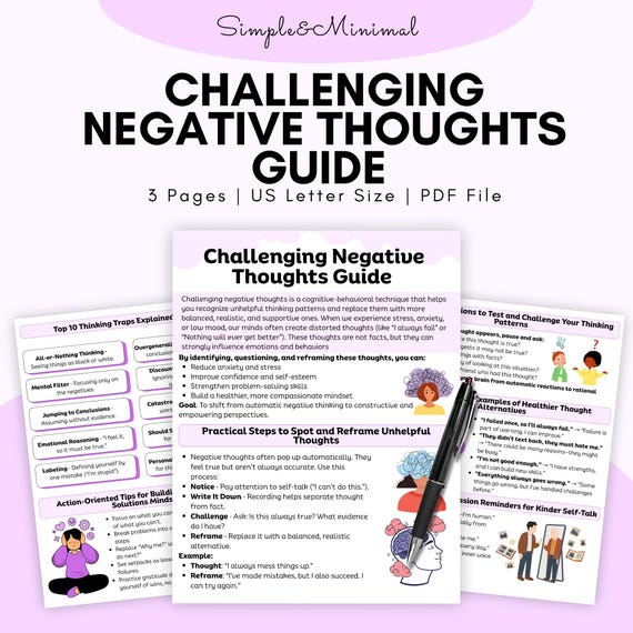 Challenging Negative Thoughts Guide | CBT Worksheet | Cognitive Distortions | Mental Health Therapy Worksheet | Anxiety & Stress Relief PDF