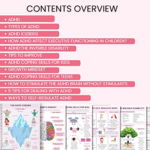 May include: A pink and white illustrated guide to ADHD with sections on the ADHD iceberg, coping skills for kids and teens, growth mindset, and self-regulation techniques. The guide includes text and illustrations.