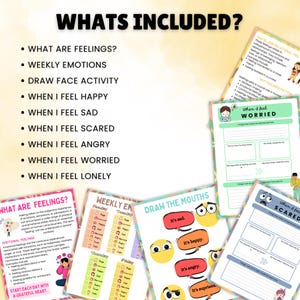 May include: A set of printable worksheets for children to learn about feelings. The worksheets include activities like drawing faces, tracking weekly emotions, and writing about how they feel when they are happy, sad, scared, angry, worried, or lonely.