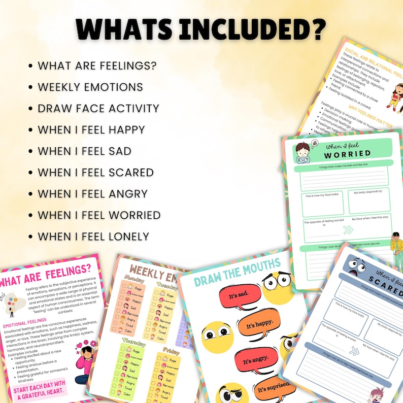 May include: A set of printable worksheets for children to learn about feelings. The worksheets include activities like drawing faces, tracking weekly emotions, and writing about how they feel when they are happy, sad, scared, angry, worried, or lonely.
