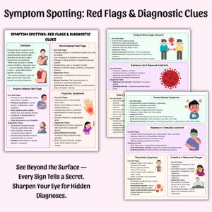 May include: A detailed infographic titled "Symptom Spotting: Red Flags & Diagnostic Clues" presents various mental health indicators. It categorizes symptoms into mood-related, anxiety-related, psychotic, and other areas, with key red flags and diagnostic clues.