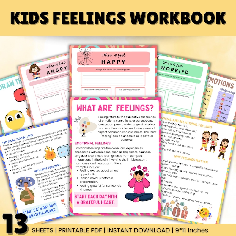 May include: A colorful printable workbook for kids to learn about feelings. The workbook includes 13 sheets with activities and prompts to help children identify and understand their emotions. The workbook is 9 inches by 11 inches.
