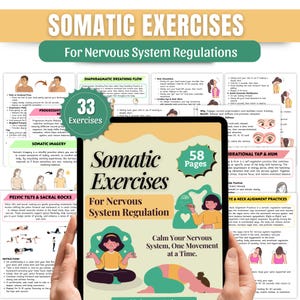 Op de afbeelding: Een tablet met een gids getiteld "Somatic Exercises For Nervous System Regulation". De cover bevat illustraties en de tekst "Calm Your Nervous System, One Movement at a Time". De gids bevat 58 pagina's en 33 oefeningen.