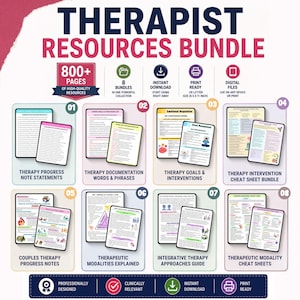 May include: A Therapist Resources Bundle featuring 800+ pages across 8 digital collections. Includes therapy progress notes, documentation phrases, goals, interventions, cheat sheets, and guides in US Letter 8.5 x 11 inch print-ready format.