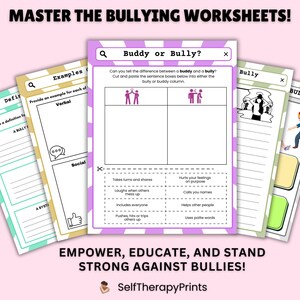 Puede incluir: Una hoja de trabajo imprimible con un fondo morado y el t&iacute;tulo "Buddy or Bully?" La hoja de trabajo pide al usuario que recorte y pegue cuadros de oraciones en la columna de "bully" o "buddy". Los cuadros de oraciones incluyen ejemplos de comportamientos tanto positivos como negativos.