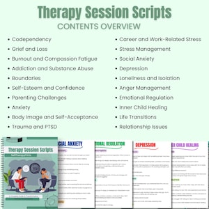 Puede incluir: Gr&aacute;fico turquesa titulado "Therapy Session Scripts" con una descripci&oacute;n general del contenido. Los temas incluyen ansiedad, depresi&oacute;n y problemas de relaci&oacute;n. Se muestran ejemplos de guiones, como "Ansiedad social" y "Regulaci&oacute;n emocional".