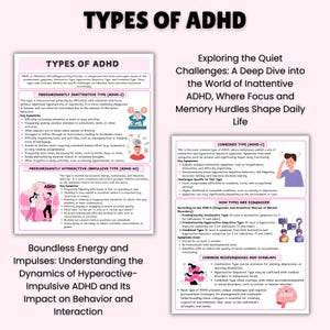 May include: A colorful infographic explaining the different types of ADHD, including Inattentive, Hyperactive-Impulsive, and Combined. The infographic features illustrations of people with ADHD and text describing the key symptoms and challenges associated with each type.
