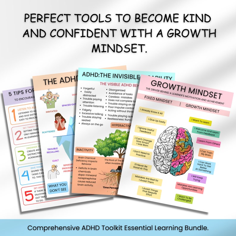May include: A colorful infographic with the title "Perfect Tools to Become Kind and Confident with a Growth Mindset." The infographic features five tips for encouraging listening and giving distractions, setting timers, organizing, giving yourself tasks, and setting aside time to enjoy. The infographic also includes a section on ADHD, with the title "ADHD: The Invisible" and a section on "Growth Mindset" with the title "The Driver Behind a Learner's Motivation and Achievement."