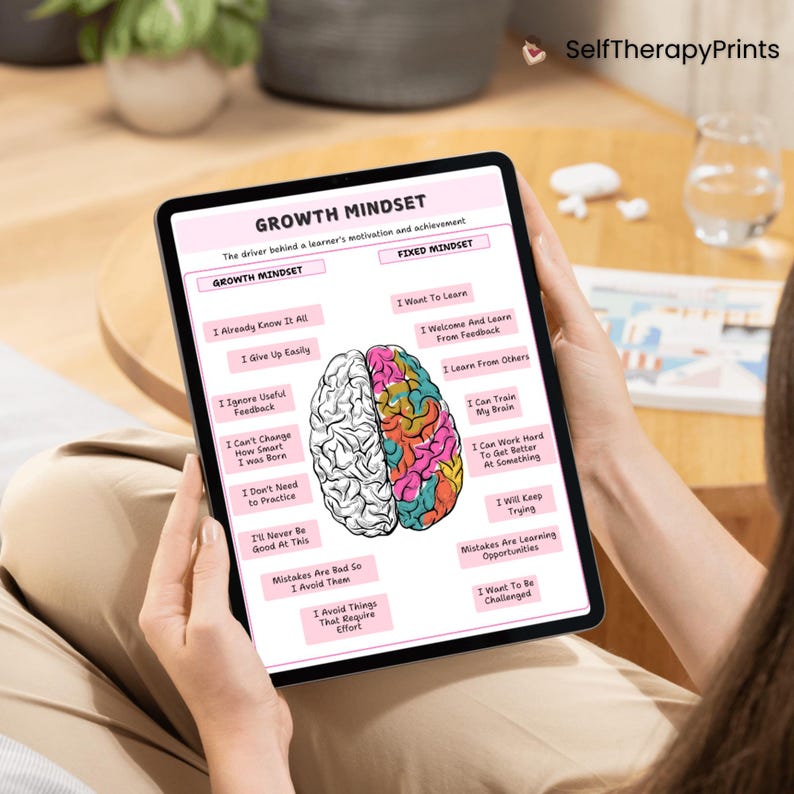 May include: A digital illustration of two brains, one labeled "Growth Mindset" and the other "Fixed Mindset". The illustration shows the differences between the two mindsets, with the growth mindset being more open to learning and change. The text includes phrases like "I want to learn", "I welcome and learn from feedback", "I can train my brain", and "I will keep trying".