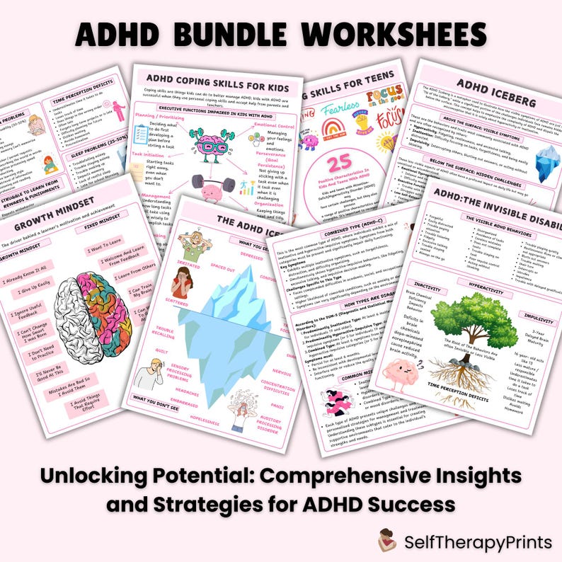 May include: A set of printable worksheets for children and teens with ADHD. The worksheets feature colorful illustrations and text about ADHD coping skills, executive functioning, growth mindset, and the invisible disability of ADHD. The worksheets are designed to help individuals understand and manage ADHD.