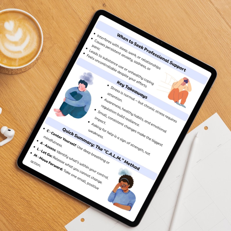 May include: A digital tablet displays mental health information. The screen features text about seeking professional support, key takeaways, and the "C.A.L.M." method. Illustrations accompany the text, and a cup of coffee and headphones are visible.