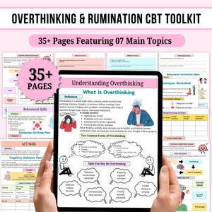 Könnte beinhalten: Ein digitales CBT-Toolkit mit dem Titel "Overthinking & Rumination". Auf dem Tablet wird eine Seite mit dem Titel "Understanding Overthinking" mit Definitionen und Anzeichen angezeigt. Das Toolkit umfasst 35+ Seiten zu 7 Hauptthemen, einschließlich Arbeitsblättern.