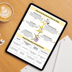 K&ouml;nnte beinhalten: Ein digitales Tablet zeigt eine Anleitung mit dem Titel "How to Set Boundaries (Step-by-Step)". Die Anleitung enth&auml;lt Abschnitte zur Identifizierung von Grenzen, Konsistenz, Selbstf&uuml;rsorge und Kommunikation. Eine Tasse Kaffee und Kopfh&ouml;rer sind sichtbar.