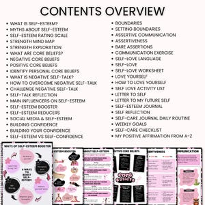 May include: A pink and white self-help guide with the title "CONTENTS OVERVIEW" and a list of topics including self-esteem, core beliefs, and self-love. The guide also includes the text "WAYS OF SELF-ESTEEM BOOSTER".