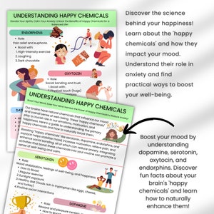May include: A colorful infographic titled "Understanding Happy Chemicals" explains how to boost mood and reduce anxiety by understanding the role of endorphins, oxytocin, serotonin, and dopamine. The infographic features illustrations of people exercising, laughing, hugging, and interacting with others.