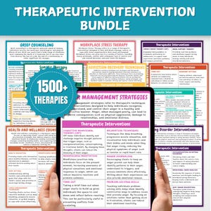 Peut inclure: Une tablette numérique affichant un tableau coloré avec le titre "Therapeutic Interventions Bundle" et une liste de différents types de thérapie, notamment le conseil en deuil, la thérapie du stress au travail, les techniques de récupération de la dépendance, les stratégies de gestion de la colère, la thérapie cognitivo-comportementale, les techniques de relaxation et les interventions en cas de troubles alimentaires. Le tableau comprend également le nombre "1500+ Therapies".