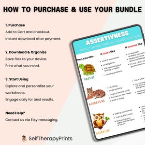 May include: A printable worksheet with illustrations of a turtle, tiger, and owl. The worksheet is titled "Assertiveness" and includes the text "Respect others' views, but honor your own." The worksheet describes the characteristics of passive, aggressive, and assertive communication styles.