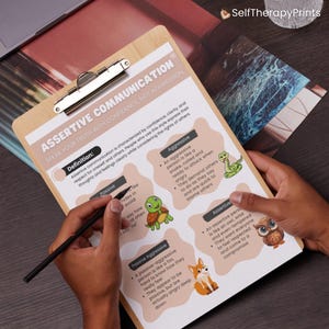 May include: A brown clipboard with a white sheet of paper that explains the difference between assertive, passive, passive-aggressive, and aggressive communication. The sheet is illustrated with a snake, a turtle, a fox, and an owl.