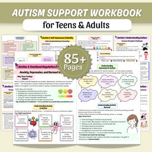 May include: An autism support workbook for teens and adults, featuring sections on self-awareness, emotional regulation, and understanding autism. The workbook includes 85+ pages of information and guidance, with colorful illustrations and text.