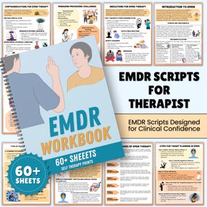 Könnte beinhalten: Ein Spiralbuch mit dem Titel "EMDR WORKBOOK" mit dem Text "60+ SHEETS SELF THERAPY PRINTS." Das Cover zeigt Illustrationen und den Text "EMDR SCRIPTS FOR THERAPIST." Zusätzliche Informationsseiten sind sichtbar.